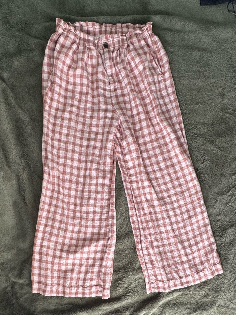 Lou & Grey Pink Plaid Wide-Leg Pull-On Pants 100% Linen Size S